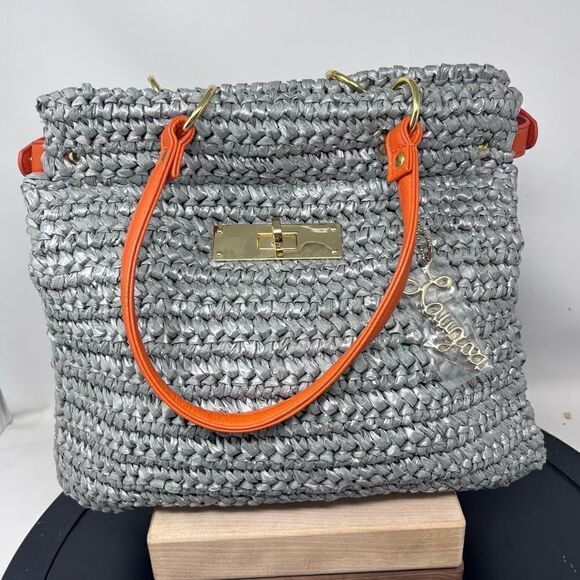 Laugoa Woven Recycled Plastic Gray Orange Faux Leather Handbag - Picture 1 of 14